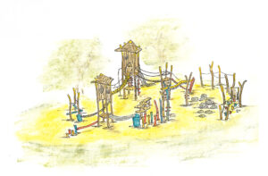 Skizze Spielplatz mit unterschiedlichen Element