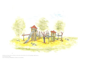 Skizze Spielplatz mit unterschiedlichen Element